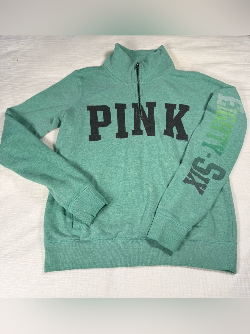 PINK Victoria's Secret Seafoam Green Quarter Zip Sweatshirt XS Graphic Sleeve